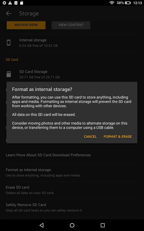 Reformat SD card for internal storage on Fire tablet Reformat SD card for internal storage on Fire tablet