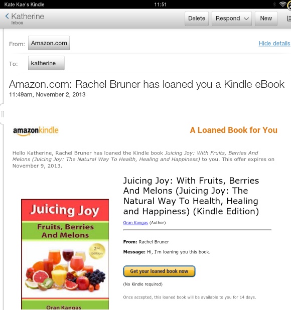 Kindle book loan email from Amazon